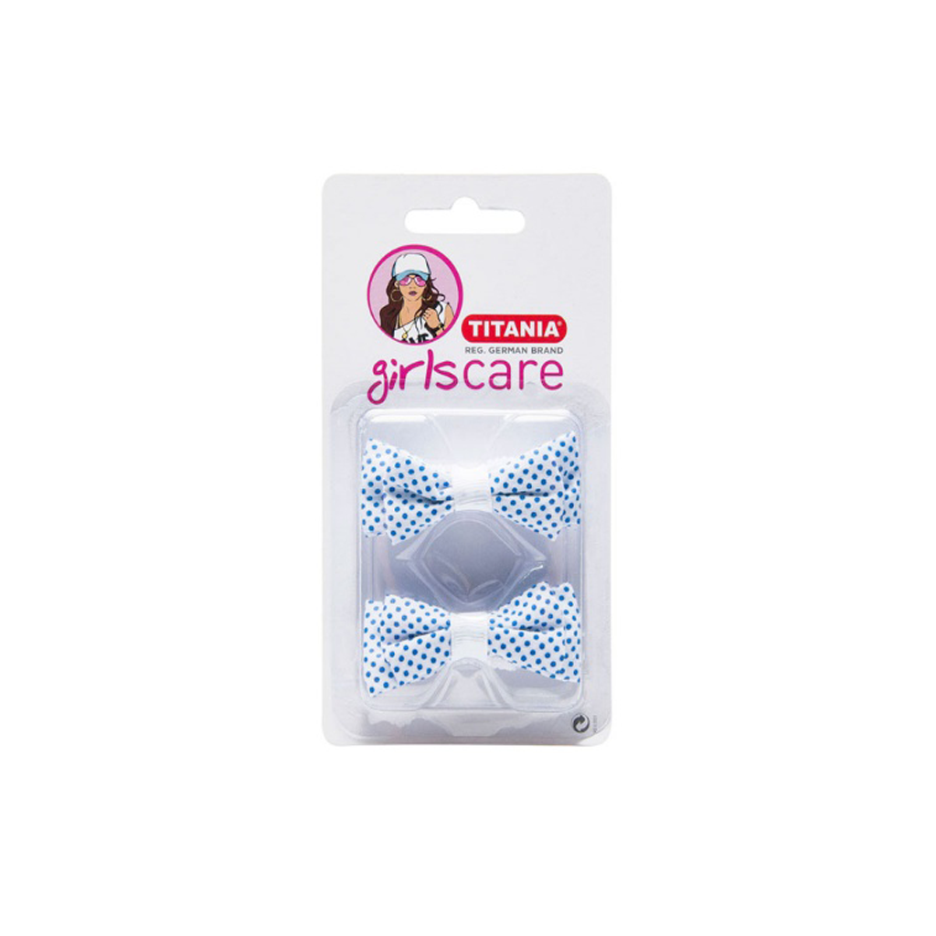 TITANIA-BOW-ON-TERRY-PONY-HOLDER-WHITE-WITH-BLUE-POINTS-2-PCS-ART-NR-7905