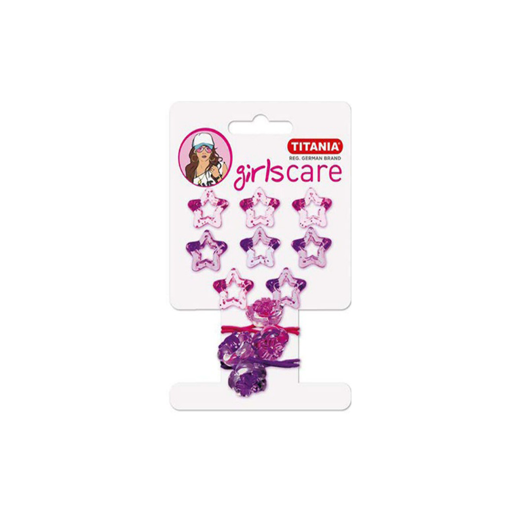 TITANIA-HAIR-CLIPS-STAR-8-PCS-HAIR-TIES-FLOWER-2-PCS-PINK-PURPLE-ART-NR-8006